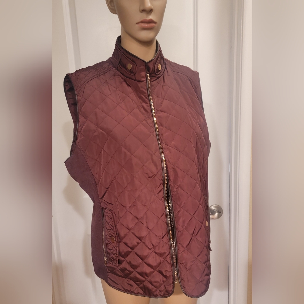 Cavalini LA Women Jacket Vest Outerwear Wine Quilt Exposed Gold Zipper SZ PXL